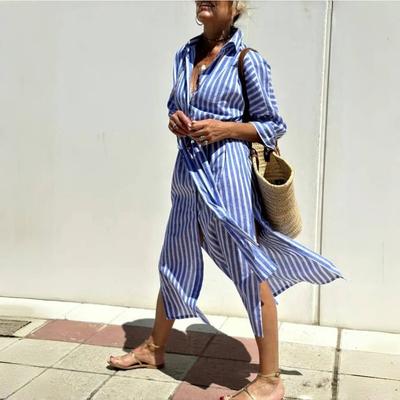 Robe Chemise Longue à Manches Longues en Coton Lin Élégante Robe Longue pour Femmes Imprimé Mode Boutonnée Col à Revers Robes Décontractées Robe Femme