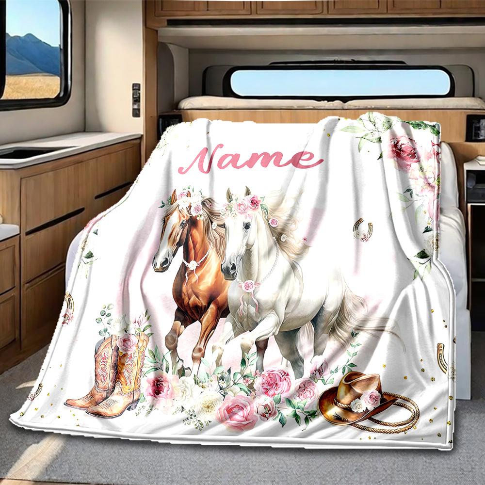 Floral Horses Customize Your Name Rv Blanket Comfortable Soft Lightweight Allseason Multipurpose Blanket For Travel Camping Picnics Sofa Rv Bed Living