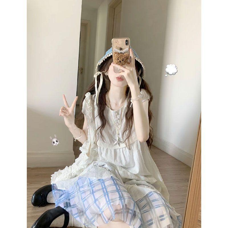 Japanese Sweet Cute Summer Two-Piece: White Lace Top & Blue Plaid Skirt Set Small