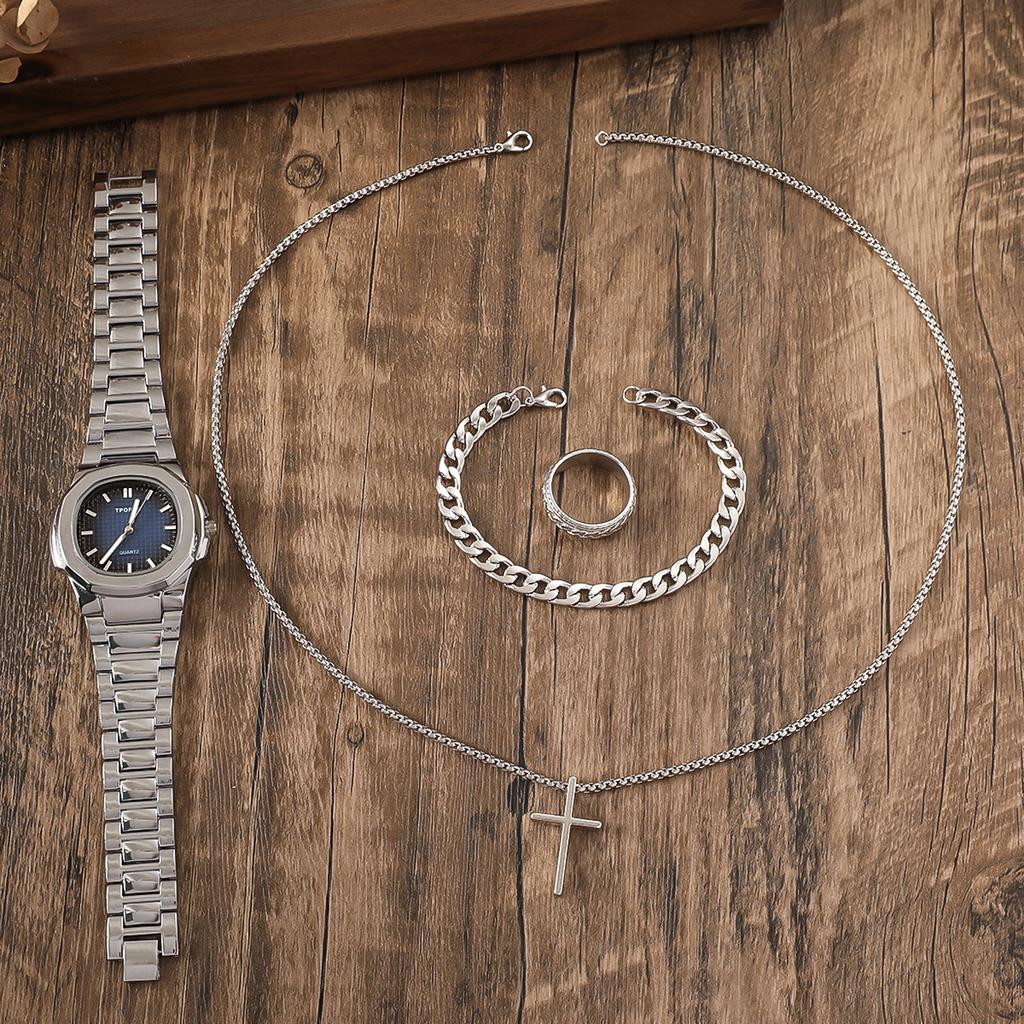(Kein Kasten) Damen Mode Business Runde Stahluhr + Armband + Kreuz Halskette + Ring 4er Set Geschenk
