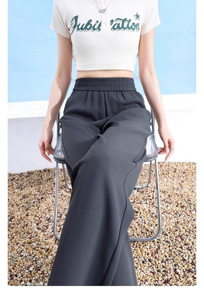 Women's Plus Size Black Ice Silk Wide-Leg Summer Pants - Loose, Slimming, High Elastic, Cool Straight-Leg Design.