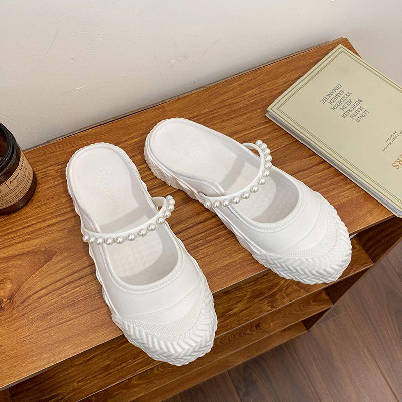 Модные шлепанцы на низком каблуке белые женские с украшениями снаружи летняя обувь — фото 7