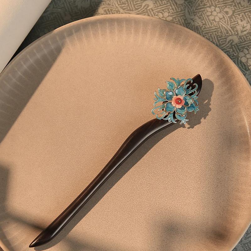 

New Chinese Traditional Exquisite Blue Flower Wood Hairpin Ancient Style and High Grade Hanfu Hair Accessories Gift Preferred
