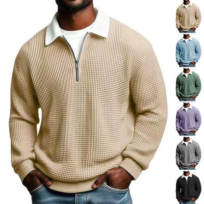 Men's Solid Color Waffle Long Sleeve Sports Polo with Zipper Lapel