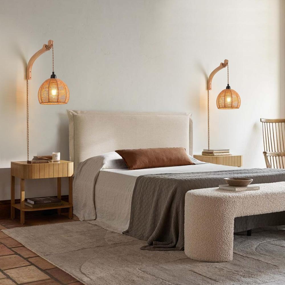 Rustic Wall Lamp with Plug in Cord Vintage Rattan Wall Light Lamp Fixture Farmhouse Sconces for Bedroom Bedside Living Room
