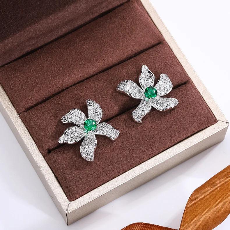 New Simulated Emerald Crystal Flower Stud Earrings for Women Gift Fashion  Sterling Silver  Zirconia Leaves Earrings