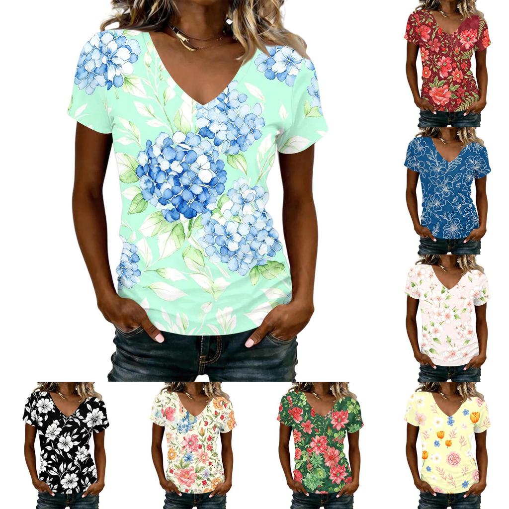 Women V Neck Short Sleeve Floral Print T Shirt Casual Loose Fit Lightweight Soft Fabric Summer Top for Daily Wear