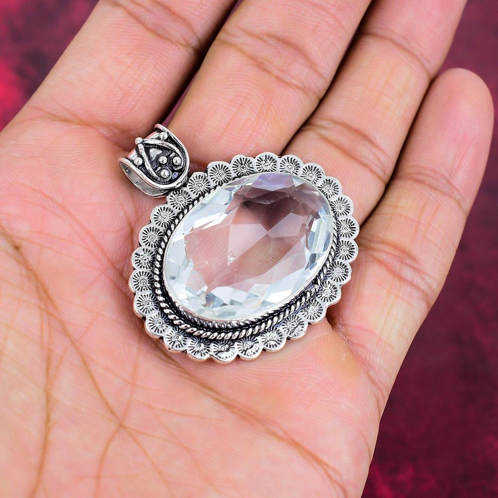 Pendentif en argent sterling massif 925 avec topaze blanche, pendentif en pierres précieuses fait à la main pour le Memorial Day