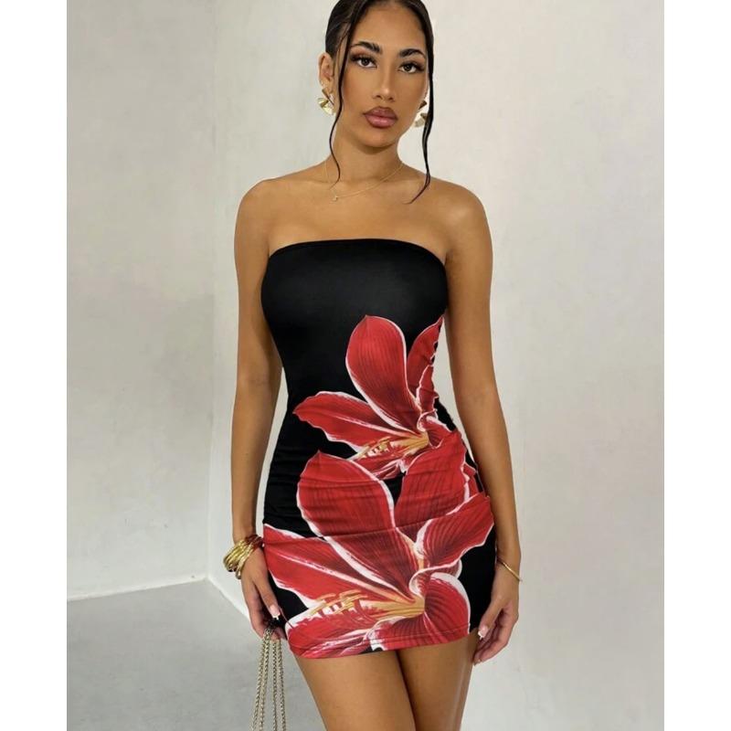 Summer Sexy Women's Strapless Floral Print Slim Hip-packing Short Dress