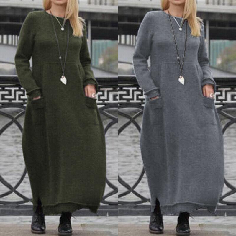 Women's Autumn and Winter Warm Fleece Long Sleeve Lace Sweater Dress Casual Pocket Dress