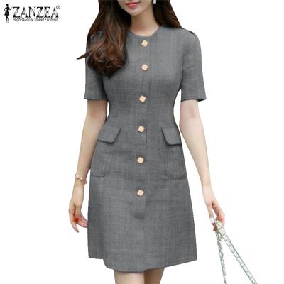 Moteriškos suknelės trumpomis rankovėmis, pilnai atsegamos, su juosmeniu