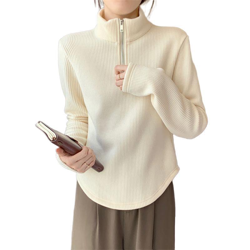 A Loose, Slimming and Warm Long-sleeved Top for Women In Autumn and Winter with A Half-zipper Striped Base Layer