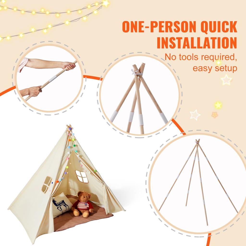 VEVOR Kids Play Tent, Teepee Tent for Kids 1-5 Years Old, Toddler Tent with Mat and Plush Decorative Balls