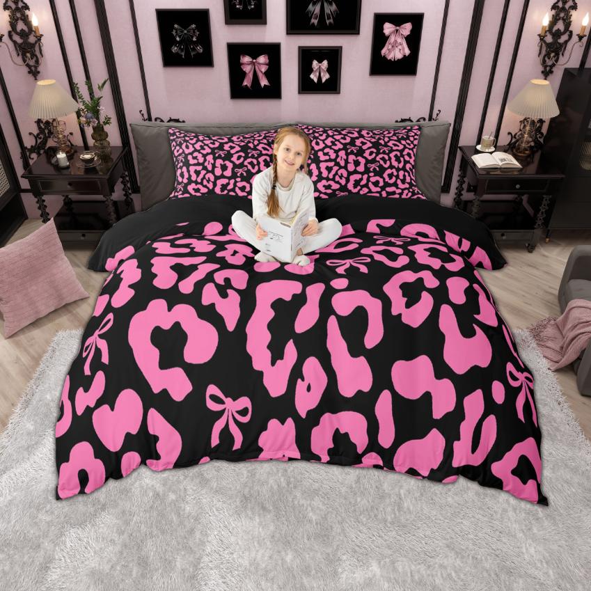 Homewish Leopardendruck Bettbezug-Set, Niedliches Schleifenknoten-Fliege Bettwäsche-Set für Mädchen, Gepardenmuster Bettdeckenbezug-Set