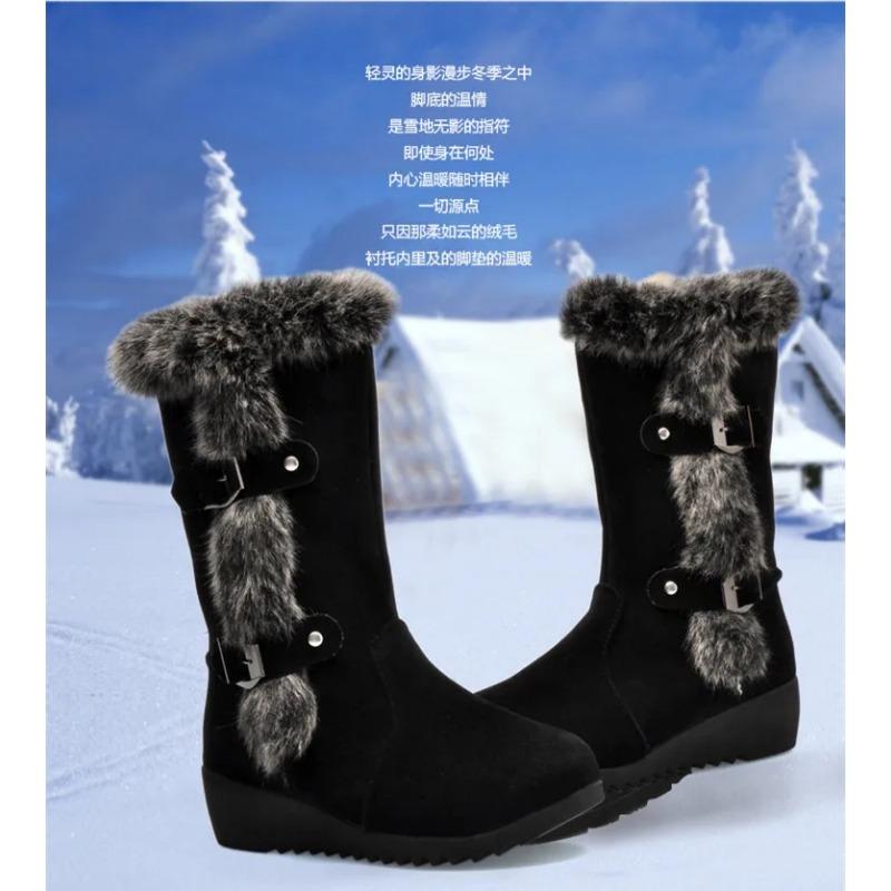 New Winter Women Boots Casual Warm Fur Mid-Calf Boots Shoes Women Slip-On Round Toe Wedges Snow Boots Shoes Muje Plus Size 42