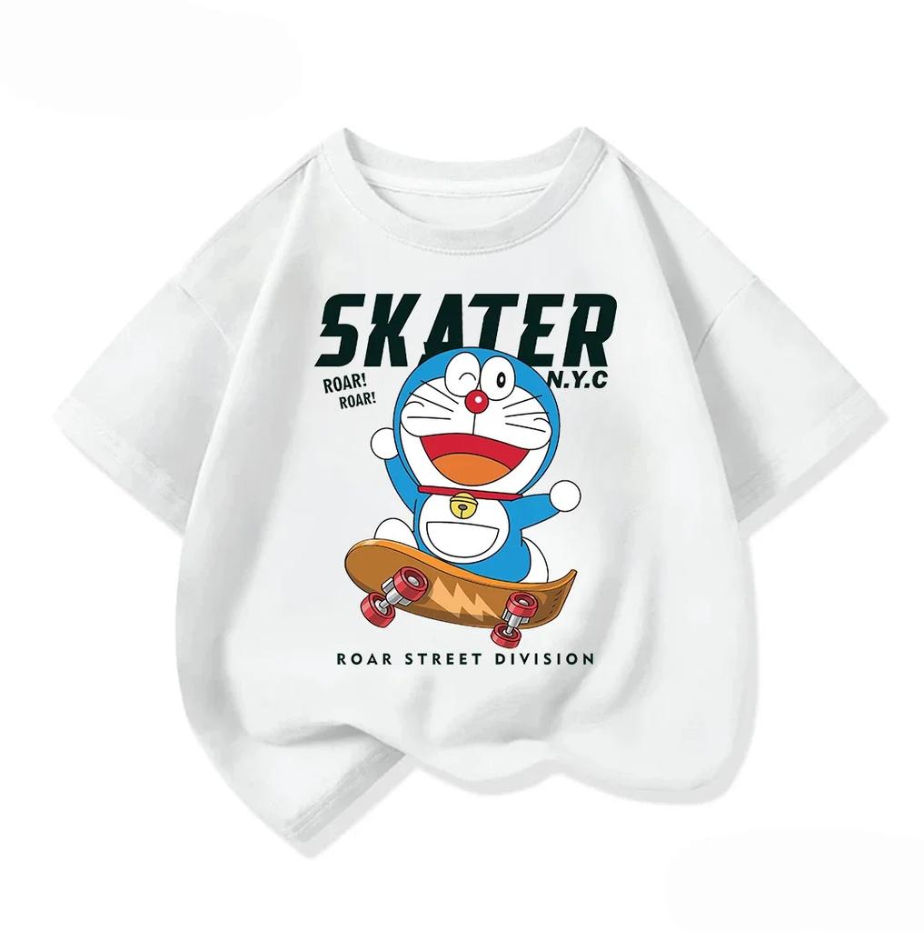 Cute Children Crew Neck T Shirt Summer Fashion Cartoon Print Trendy Street Casual Tops Doraemon Boys Girls Outfit 314Y
