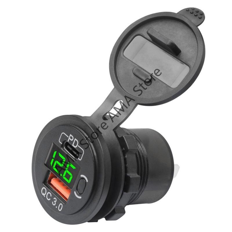 NEW 12/24V Quick Charge 3.0 and PD USB C Car Charger Socket Power Adapter with Digital LED Voltmeter Waterproof cover for car