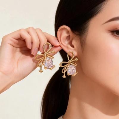 Popular Ins Super Fairy Design Rope Big Gem Pendant Bow Copper Stud Earrings Spring and Summer Tide