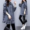 Spring Fall Women Hoodie Plaid Print Fake Two-piece Mid Length Drawstring Long Sleeves Pullover Daily Wear School Top