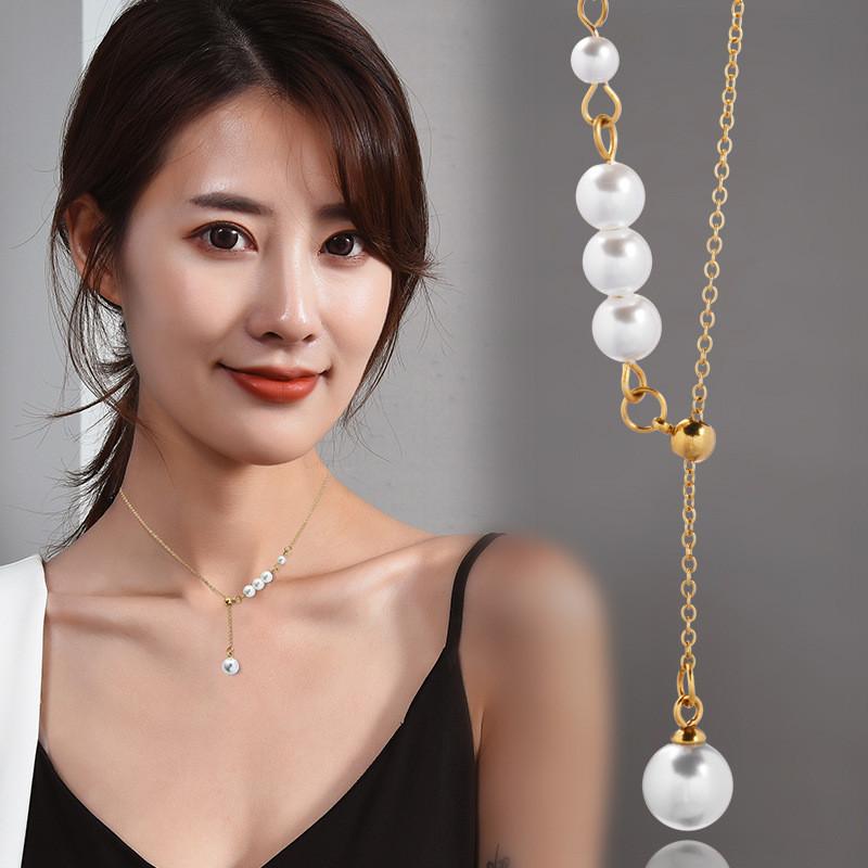Elegant Titanium Steel Y Shaped Pearl Necklace For Women With Adjustable Length And Unique Style