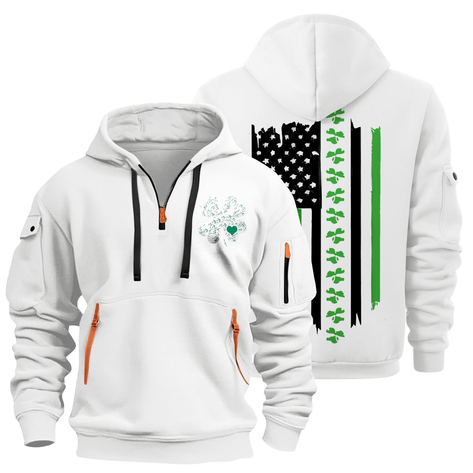 

улица. Толстовка с капюшоном Patrick s Green Flag Print для мужчин, пуловер на молнии для мужчин, спортивная повседневная толстовка больших размеров XL белый