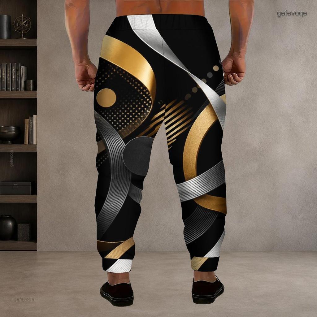 Men S Plus Size Geometric Printed Jogger Pants Black Gold Silver Drawstring Waist Side Pockets Cuffed Ankle