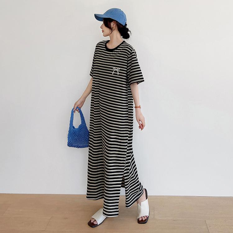 

DIMANAF 2025 Летнее платье больших размеров для женщин, повседневное винтажное платье с коротким рукавом, длинное, свободное базовое хлопковое платье в полоску 3XL чёрный