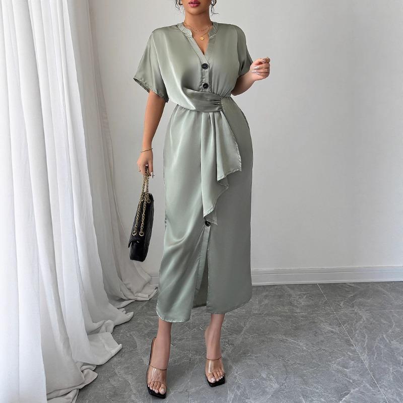 

Элегантное и изысканное платье с V-образным вырезом, боковыми разрезами и присборенной талией для женщин на весну и лето XL зелёный