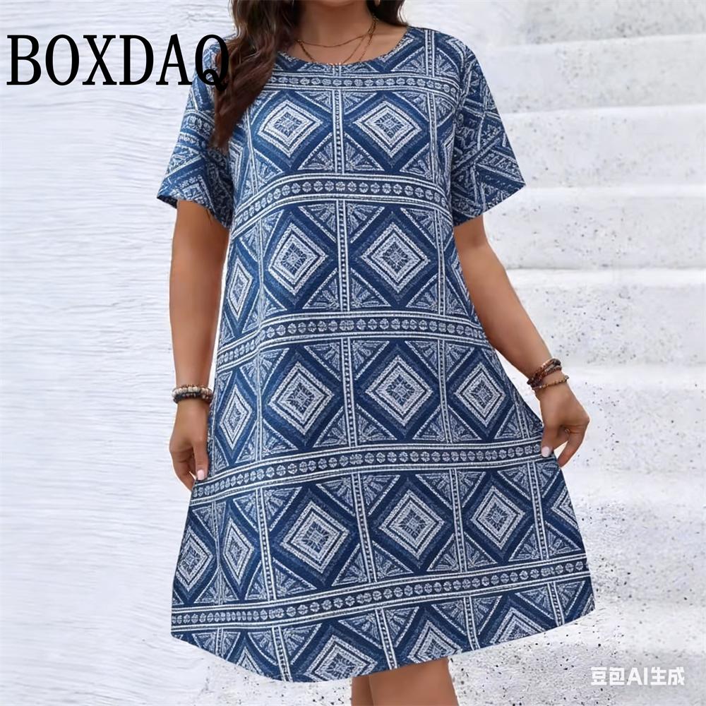 Vestito da Festa Geometrico Etnico Vintage Taglie Forti Donna Casual Scollo O Manica Corta Mini Abiti Per Donna Estate Larghi