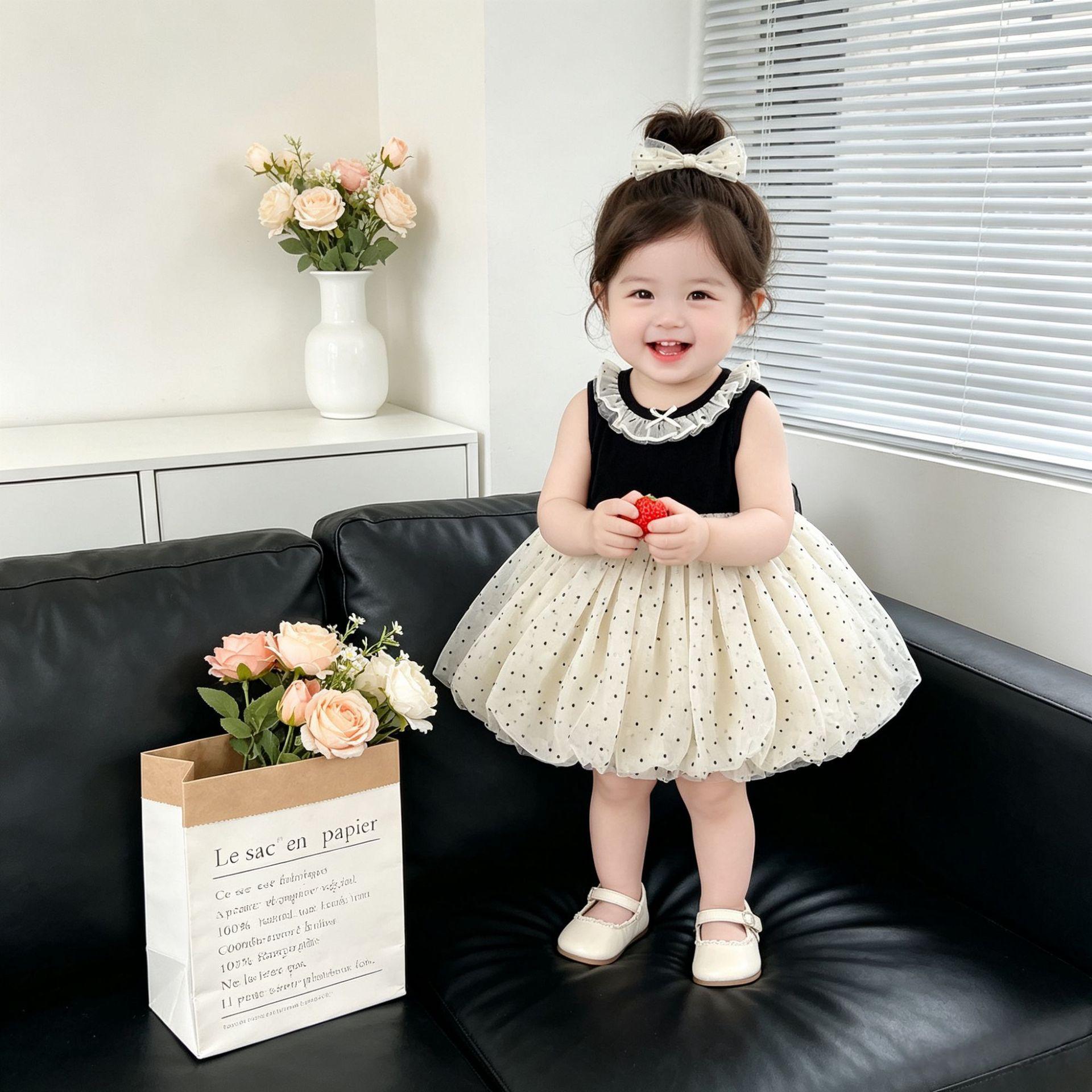 Girls Summer Sleeveless Hepburn Polka Dot Tulle Ruffle Dress 73