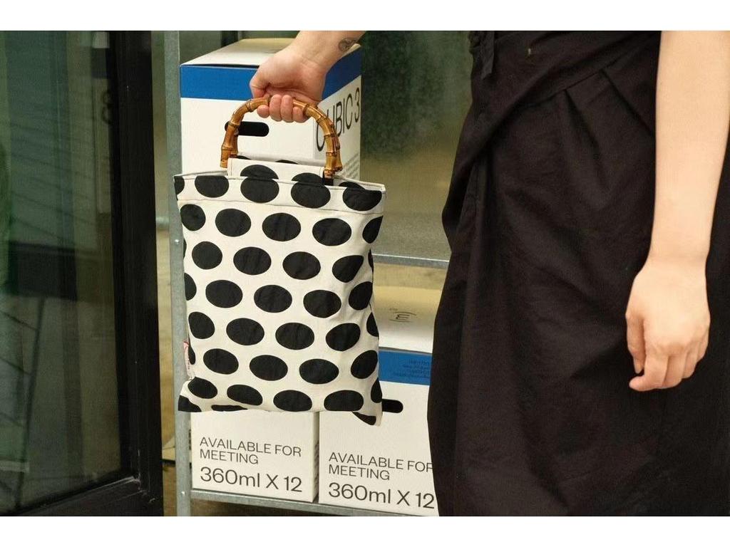 Black & Beige Polka Dot Retro Bamboo Handbag with Double Layers