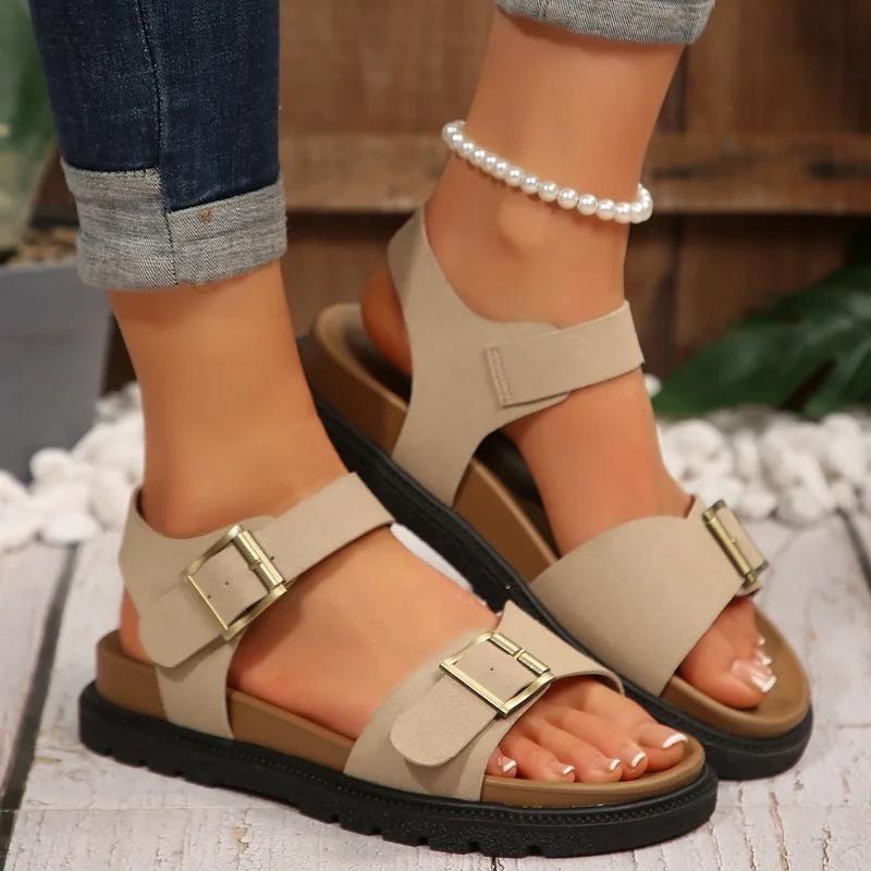 Pantofi de damă Sandale de damă cu cataramă de marcă Sandale de modă cu vârf decupat Sandale casual Sandale de vară pentru femei Mărimi mari Sandale plate solide