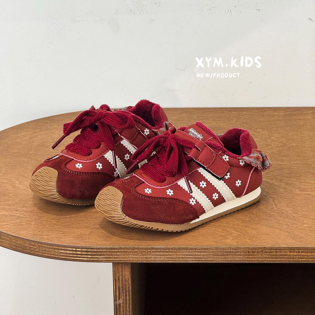 2025 Winter New Children's Two Cotton Casual Shoes Fashion Retro Lace Sports Shoes Velvet Girls Moral Training Shoes