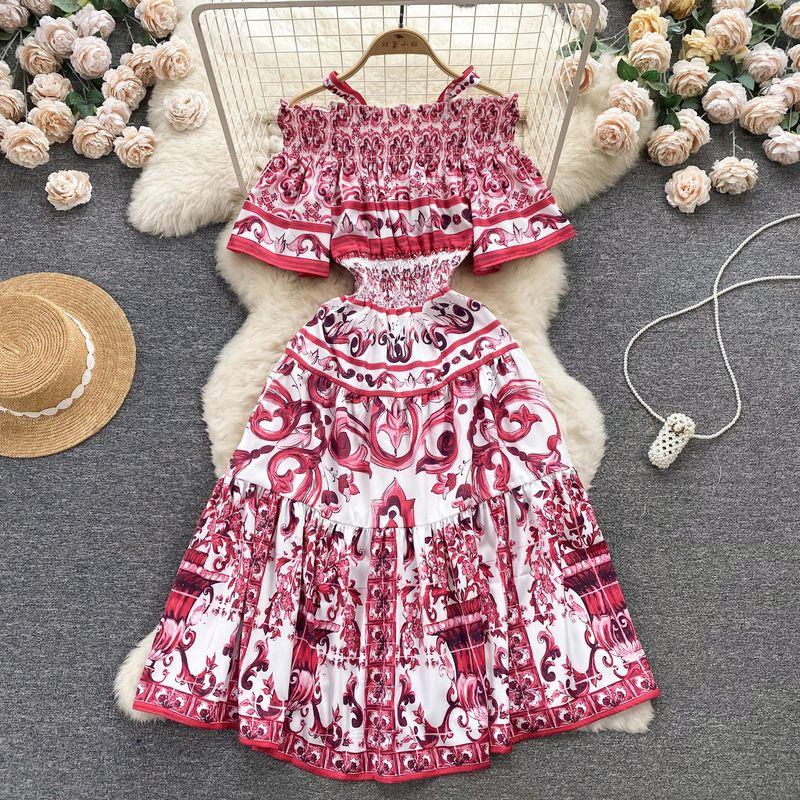 

Off-the-Shoulder Summer New Holiday Dress Sling Red L