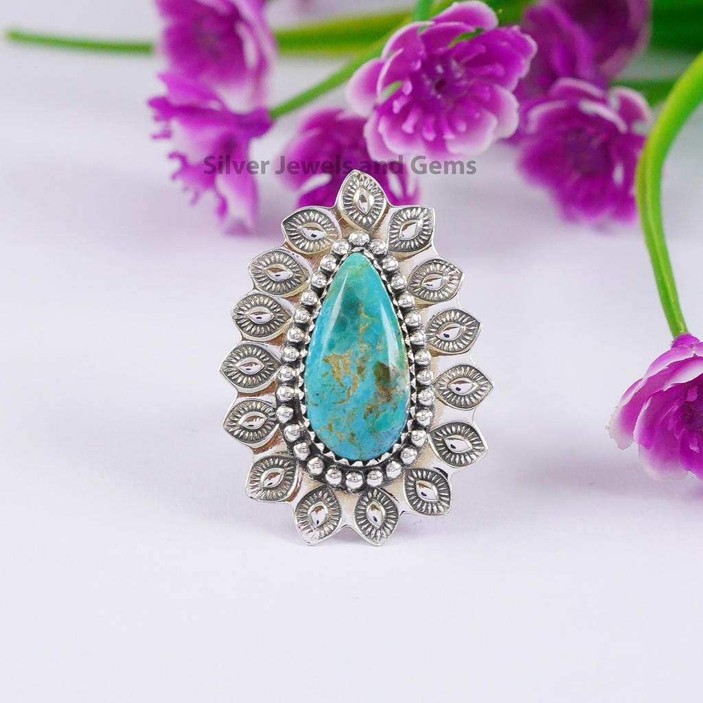 Natürlicher Türkisring, Navajo-Ring, 925er Sterling-Silber-Ring, Tropfen-Boho-Ring, Geschenk für Ehefrau, Handgefertigter Geburtssteinring