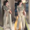 Korean Style Fashion Large Size Wide Leg Pants Short Sleeve Casual Two-piece Set for Women Summer Striped Trend Suit