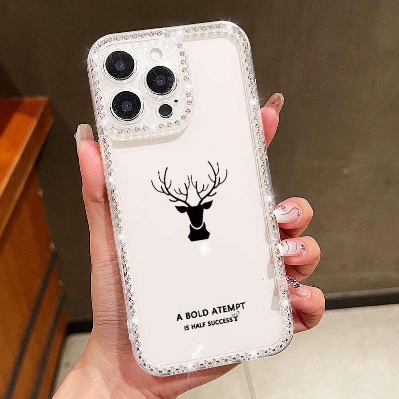 Simple Deer Print Shockproof Soft Silicone Case For iPhone 16E 16 Pro 15 Pro Max 14 13 12 11 Diamond Frame Anti-Fall Clear Phone Cover