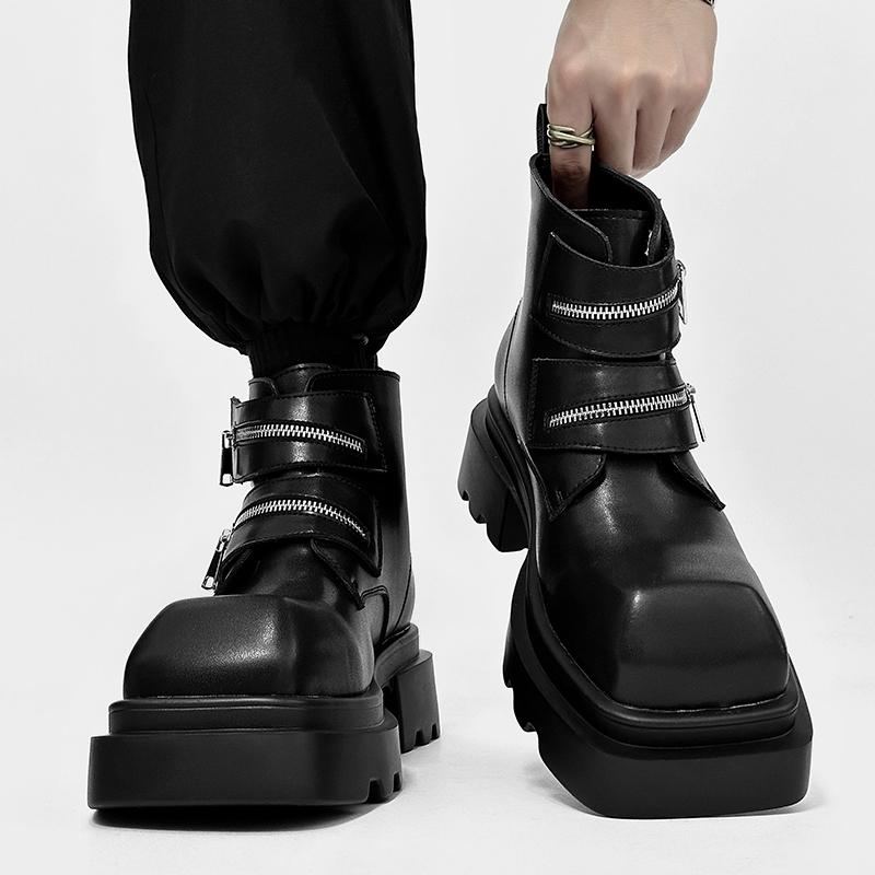 Fashion Derby Black Men's Boots Fashion Thick Bottom Height Increasing Style Outdoor Leisure Party Daily Trendy Youth Leather Shoes Hot