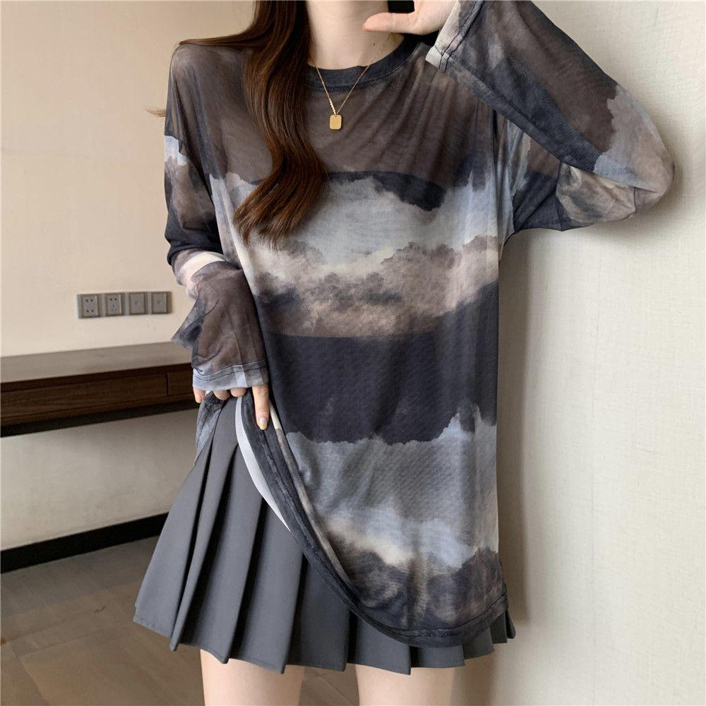 Thin Ice Silk Long Sleeve Sunscreen Hoodie for Women In Summer Large Size Fat Loose Slim Medium To Long Tie Dyeing Mesh Top