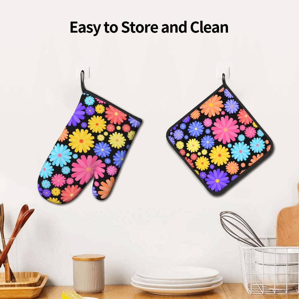Flower Oven Mitts and Pot Holders Sets Heat Resistant 2 Pcs for Safe BBQ Cooking Baking Grilling