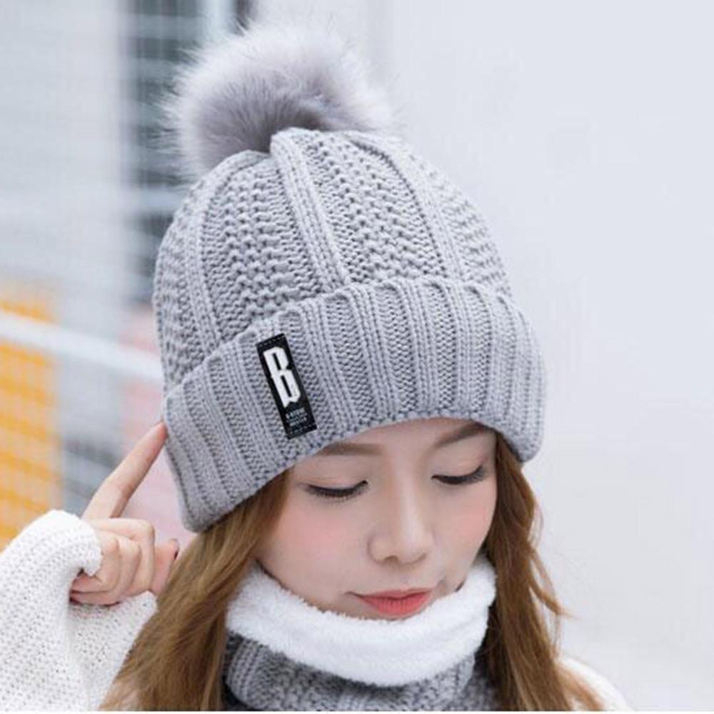 Women Ladies Warm Winter Hairball Plus Velvet  Knitted  Cap+Scarf