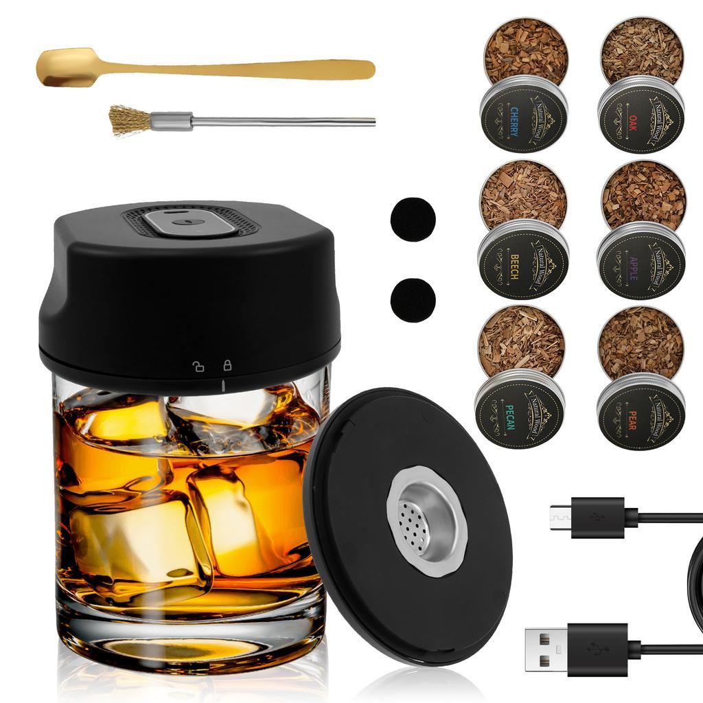 Kit Afumător Electric pentru Whiskey cu 6 Aromate de Chipsuri de Lemn Kit Afumător Reîncărcabil pentru Cocktailuri Nu Necesită Butan pentru Bărbați Tată Soț
