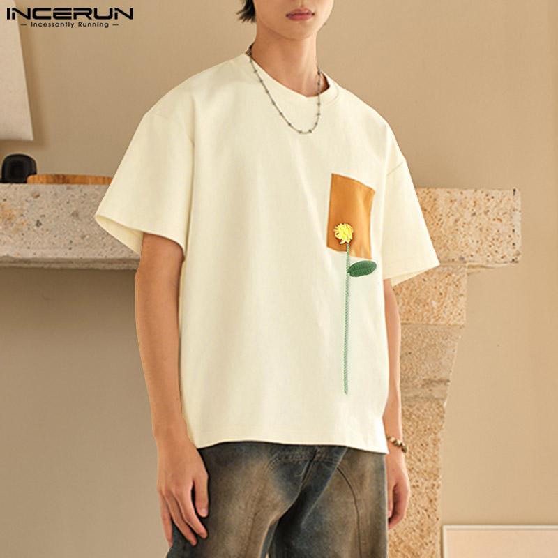 INCERUN Oversized Summer Men O Neck Short Sleeve Crochet Stitching Casual T-Shirts Tops