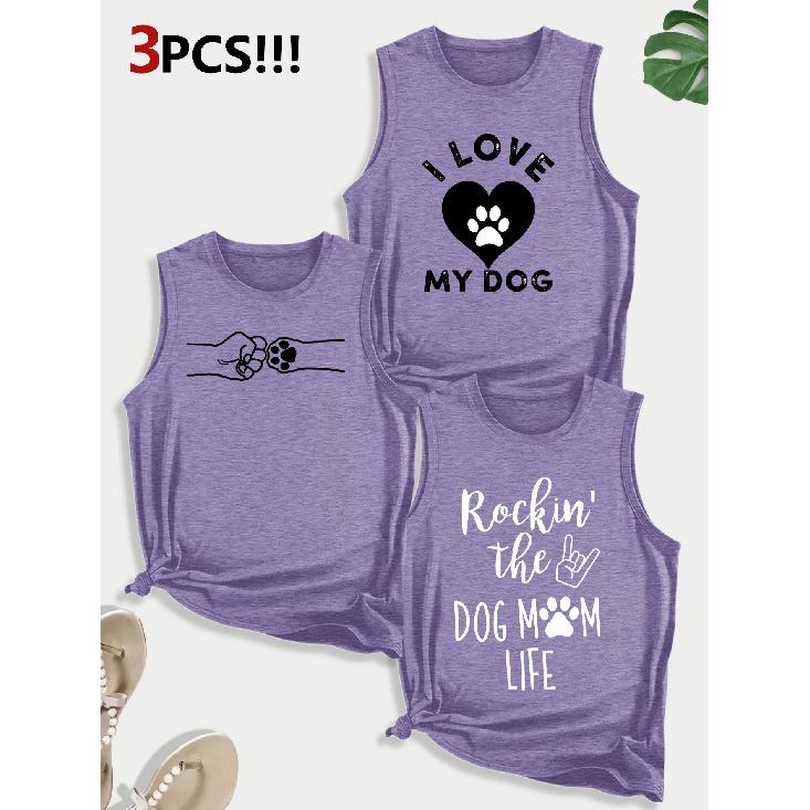 Dog Lover Paw Print Combination Gift Printed Pattern Round Neck3Pack of Sleeveless Vests for Women In Spring, Summer, and Autumn