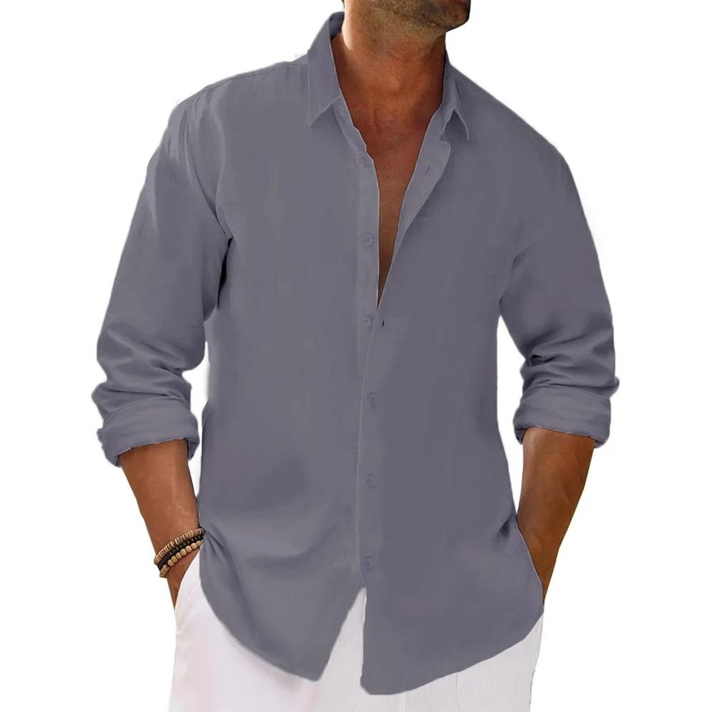 Men's Spring Summer Long Sleeve Shirts Cotton Linen Causal Loose Fit Solid Color Dailywear Lapel Collar Single Breasted Tops