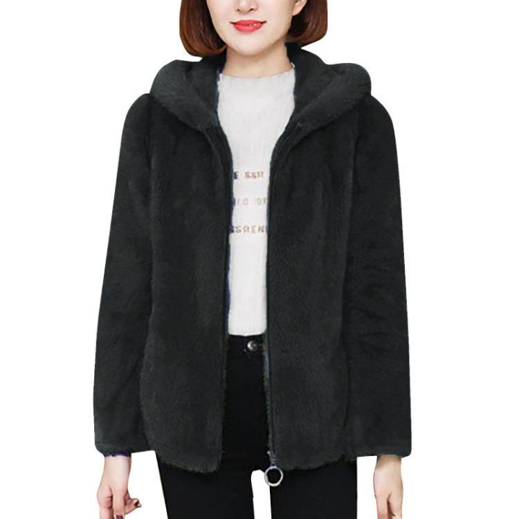 Warm Lamb Wool Jacket Women Loose Hooded Sweater Solid Color Double Sided Coral Velvet Zippered