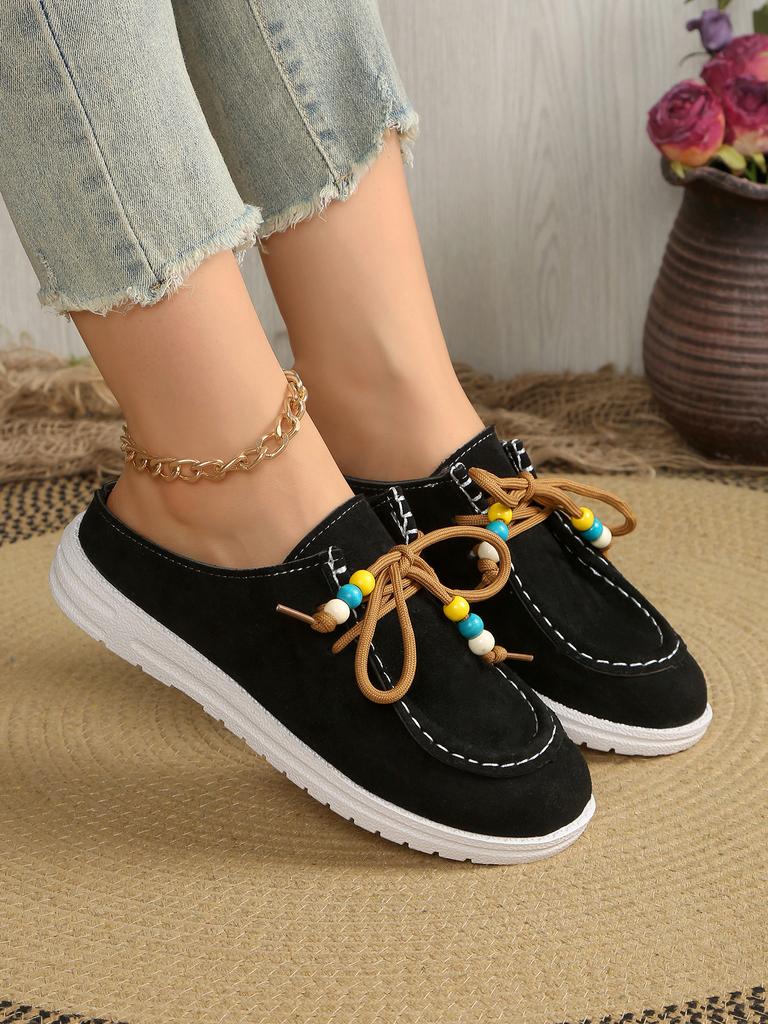 Autumn Baotou Half Slippers Women's 2025 New Plus Size Beaded Flat Casual One-Foot Slipper Slippers