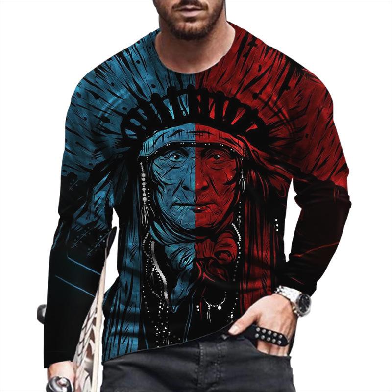 Spring and Autumn Round Neck 3D Native American Pattern Printed Top Fashionable Casual Long Sleeved Men's T-shirts