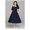 Summer Kids Preppy Student Waisted Party Dresses Child Clothes Teens Peter Pan Girls Daily Wear Button
