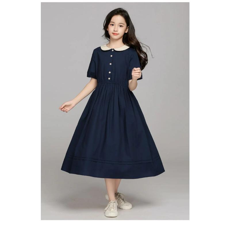Summer Kids Preppy Student Waisted Party Dresses Child Clothes Teens Peter Pan Girls Daily Wear Button